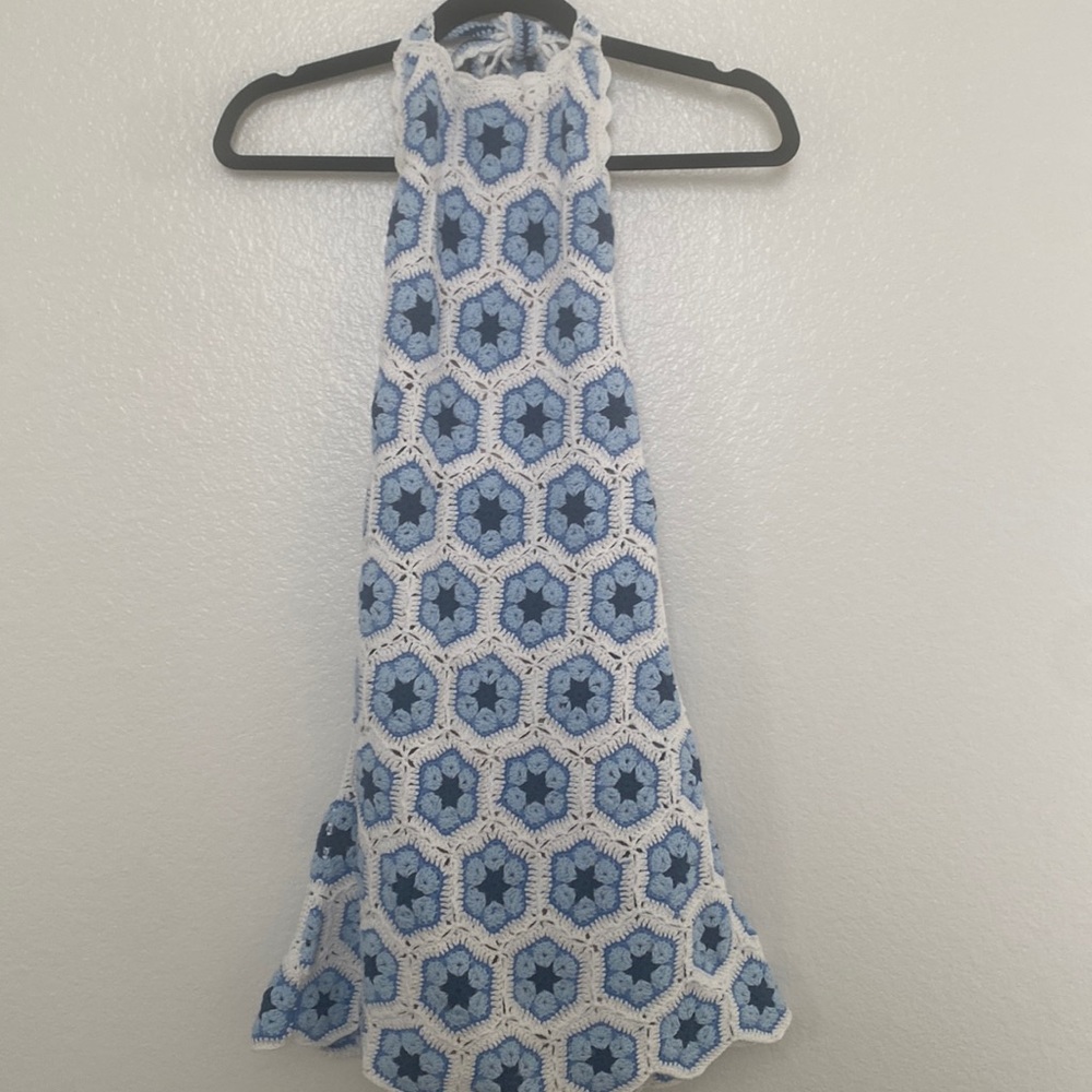 Show Me Your Mumu Happy Halter Dress Blue Flower Crochet